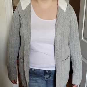 Cozy Eclipse open long cardigan gray with cozy faux shearling hood